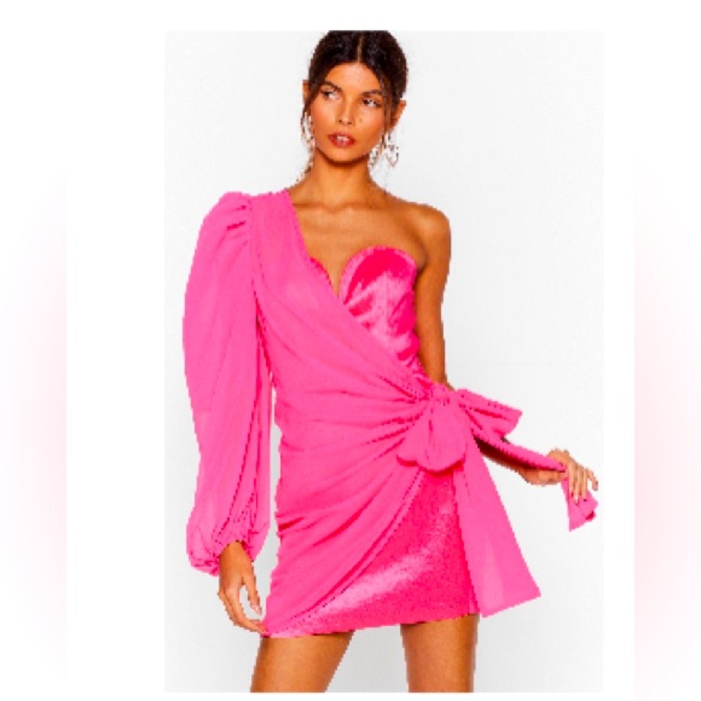 Brand new pink one shoulder, organza sleeve dress size 8
